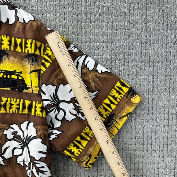 RJC Vintage Hawaiian Mens Shirt L Yellow Brown Button Down Floral Surfing - Picture 6 of 8
